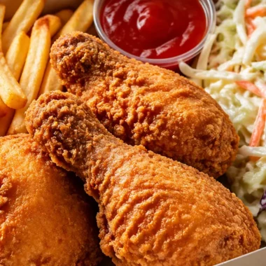 Box of crispy fried chicken with crispy fries and fresh coleslaw on the side.