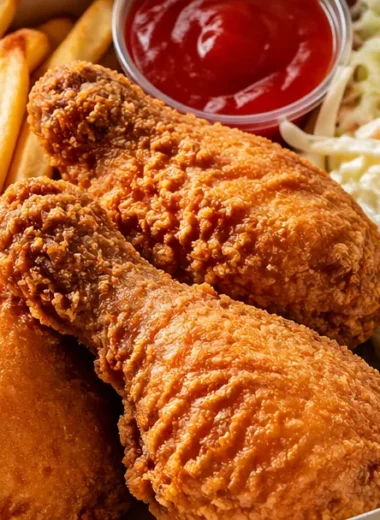 Box of crispy fried chicken with crispy fries and fresh coleslaw on the side.