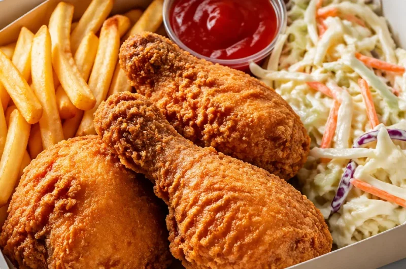 Box of crispy fried chicken with crispy fries and fresh coleslaw on the side.