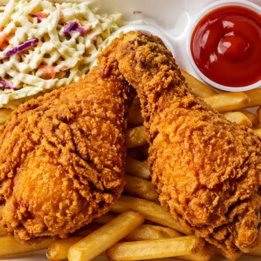 Plate of chicken drumsticks with fries and creamy slaw