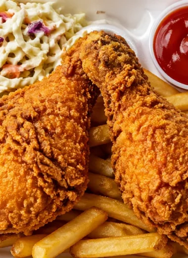 Plate of chicken drumsticks with fries and creamy slaw