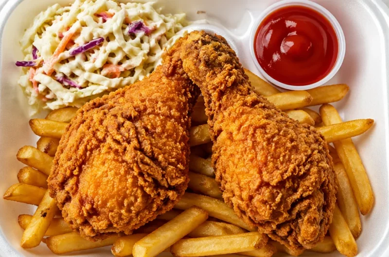 Plate of chicken drumsticks with fries and creamy slaw