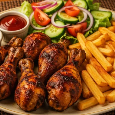 Crispy chicken drumsticks served on a platter with herbs and spices