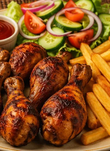 Crispy chicken drumsticks served on a platter with herbs and spices