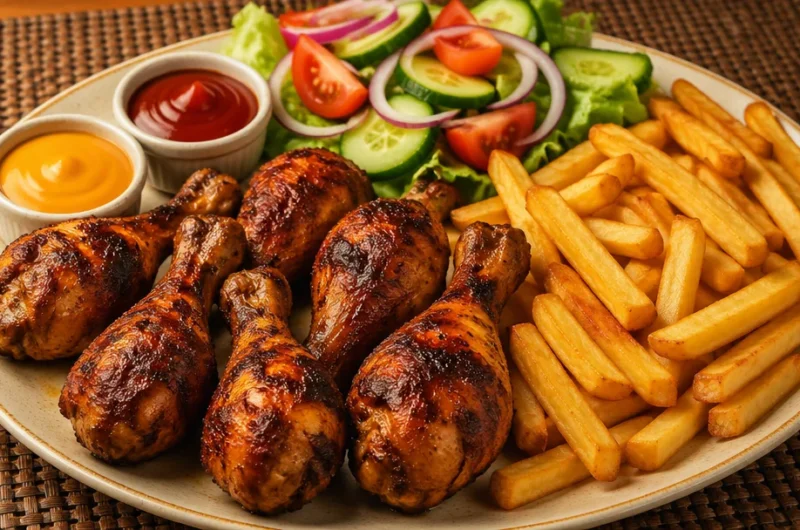 Crispy chicken drumsticks served on a platter with herbs and spices