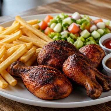 Crispy chicken drumsticks with golden fries and colorful salad on a plate.