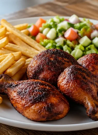 Crispy chicken drumsticks with golden fries and colorful salad on a plate.