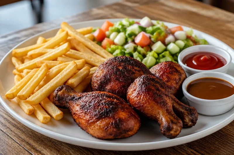 Crispy chicken drumsticks with golden fries and colorful salad on a plate.