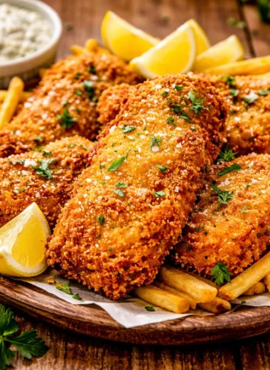 Crispy fried fish fillets served with creamy homemade tartar sauce on a plate.