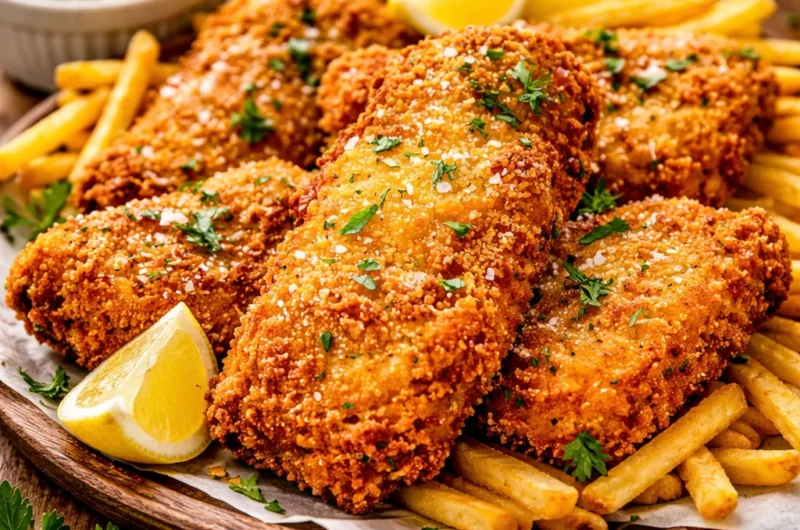 Crispy fried fish fillets served with creamy homemade tartar sauce on a plate.