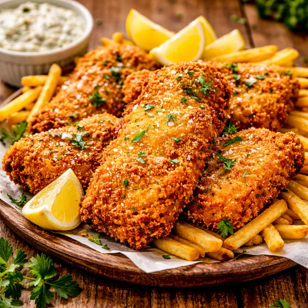Crispy fried fish fillets served with creamy homemade tartar sauce on a plate.