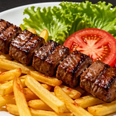 Crispy fries served with grilled steak skewers, a delicious meal combination.