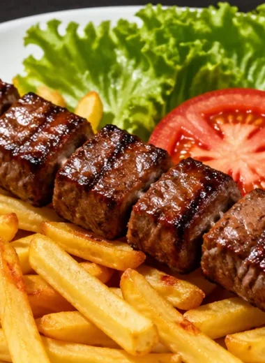 Crispy fries served with grilled steak skewers, a delicious meal combination.