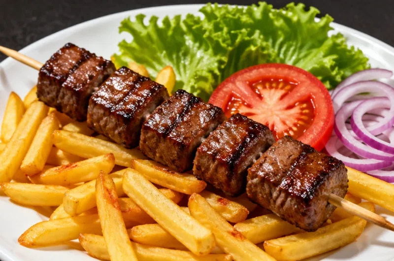 Crispy fries served with grilled steak skewers, a delicious meal combination.