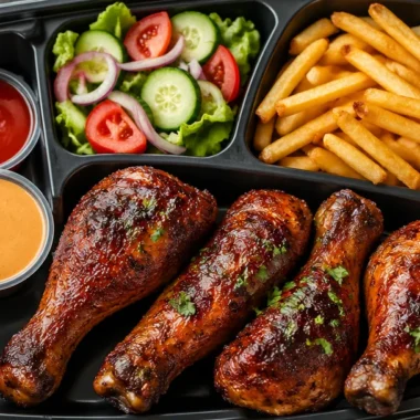Delicious crispy fries served with roast drumsticks on a plate