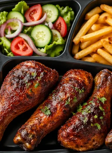 Delicious crispy fries served with roast drumsticks on a plate