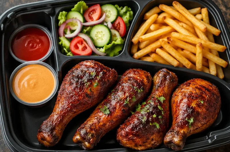 Delicious crispy fries served with roast drumsticks on a plate