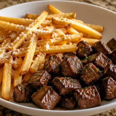 Crispy garlic butter steak bites served with loaded fries