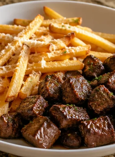 Crispy garlic butter steak bites served with loaded fries