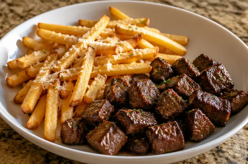 Crispy garlic butter steak bites served with loaded fries