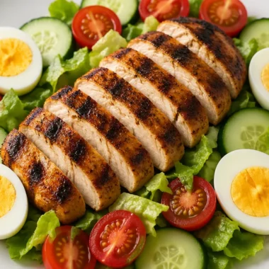 Crispy grilled chicken power salad with fresh vegetables and dressing.