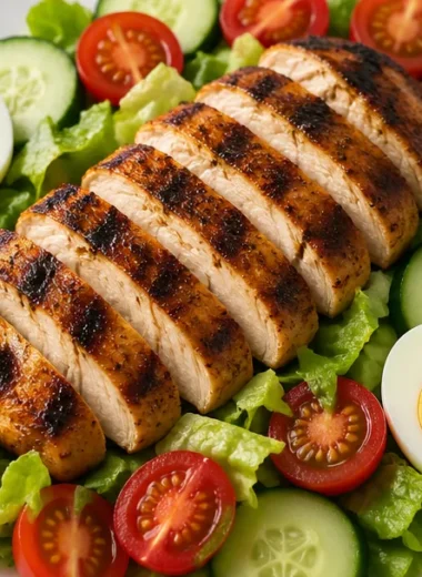 Crispy grilled chicken power salad with fresh vegetables and dressing.