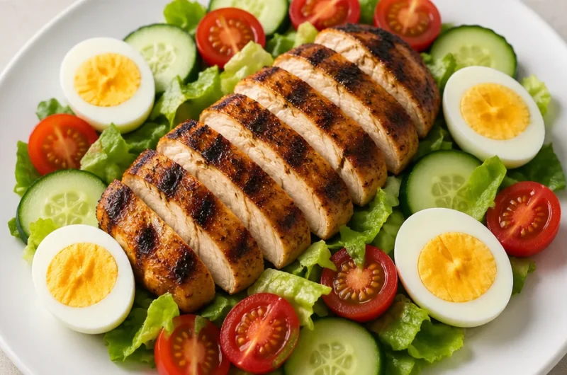 Crispy grilled chicken power salad with fresh vegetables and dressing.
