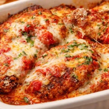 Crispy chicken parmesan topped with marinara sauce and melted cheese on a plate.