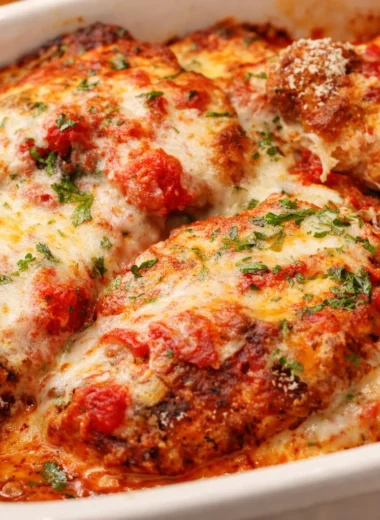 Crispy chicken parmesan topped with marinara sauce and melted cheese on a plate.