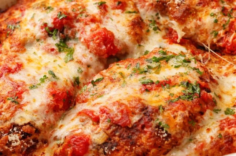 Crispy chicken parmesan topped with marinara sauce and melted cheese on a plate.