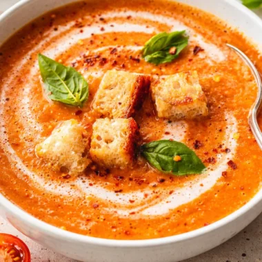 A comforting bowl of creamy homemade tomato soup with a side of crusty bread.