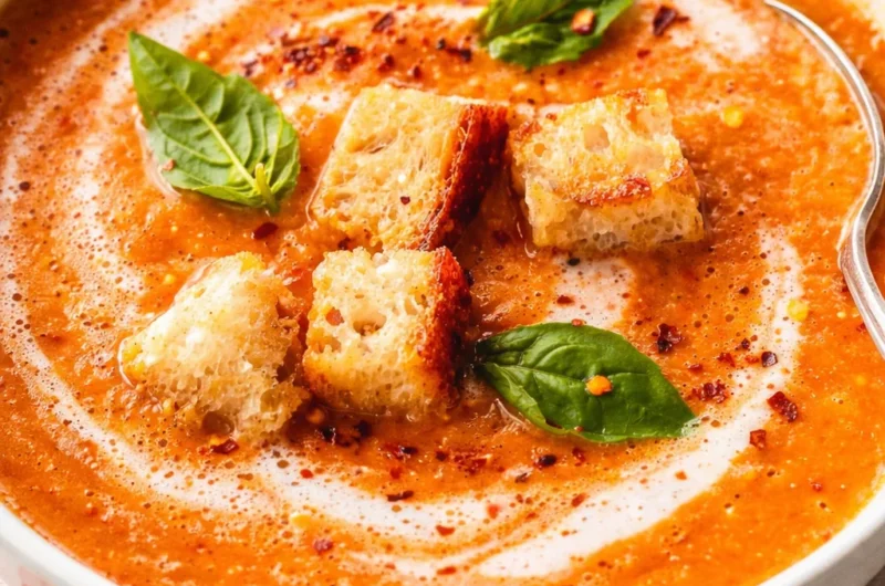 A comforting bowl of creamy homemade tomato soup with a side of crusty bread.