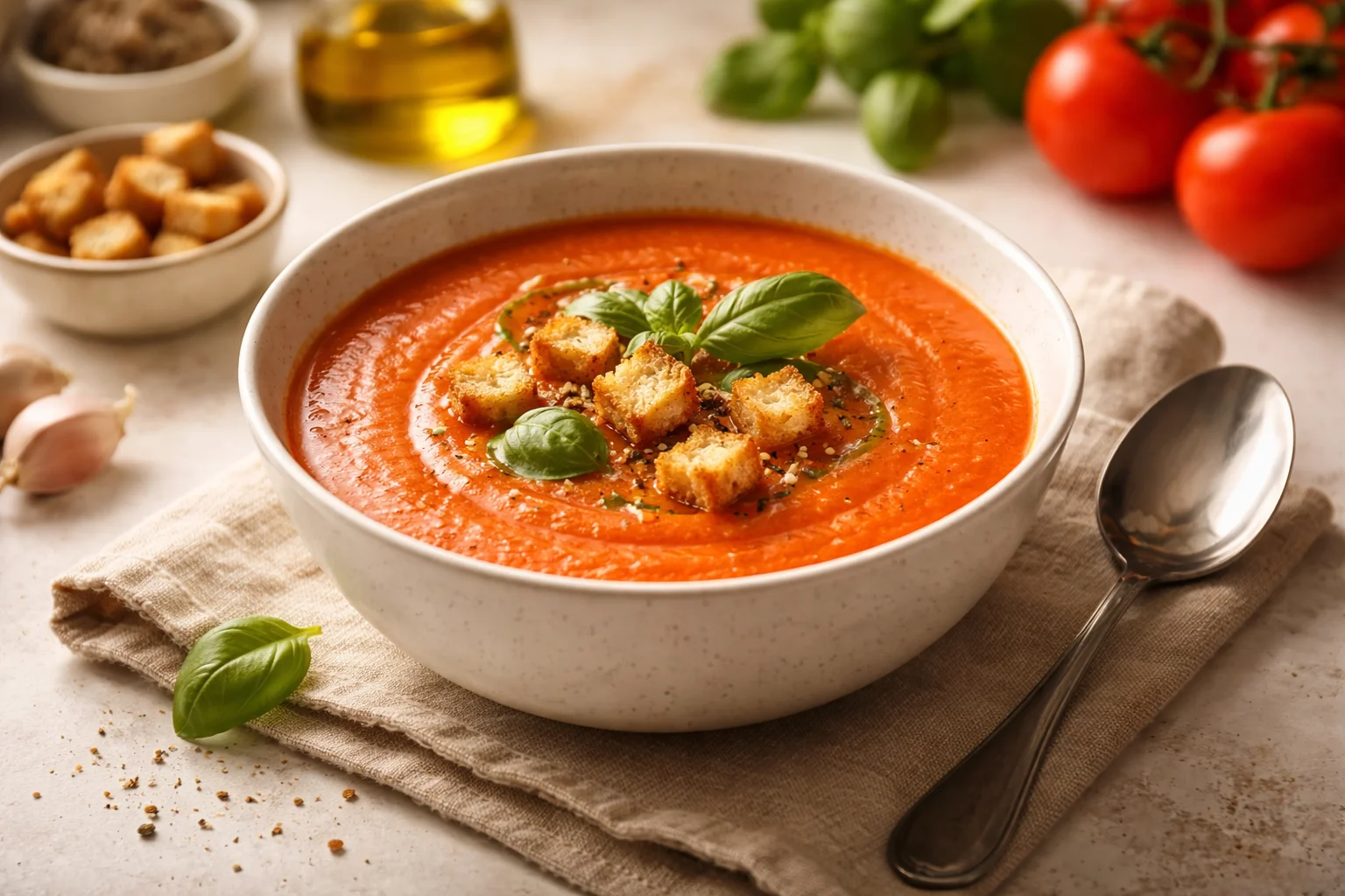 Delicious Creamy Homemade Tomato Soup with Crusty Bread