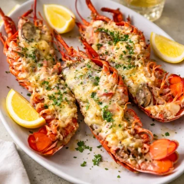 Creamy Lobster Thermidor served in lobster shells with a rich sauce.