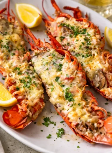 Creamy Lobster Thermidor served in lobster shells with a rich sauce.