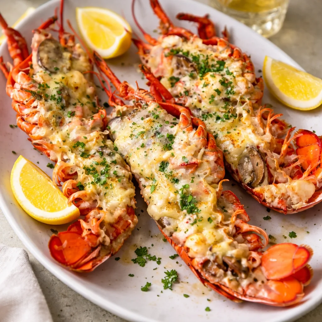 Creamy Lobster Thermidor served in lobster shells with a rich sauce.