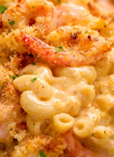 Garlic Shrimp Gratin topped with crispy breadcrumbs and served in a casserole dish.