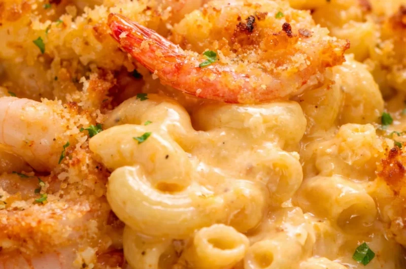 Garlic Shrimp Gratin topped with crispy breadcrumbs and served in a casserole dish.
