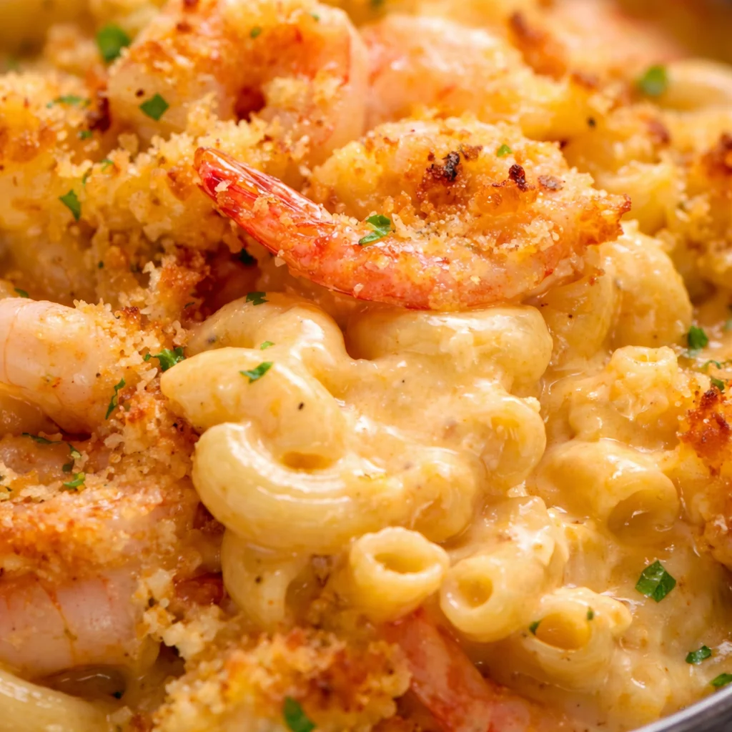 Garlic Shrimp Gratin topped with crispy breadcrumbs and served in a casserole dish.
