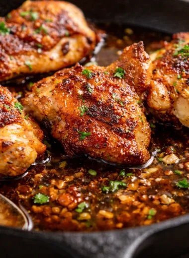 Crispy Baked Chicken Thighs With Garlic Butter Sauce on a serving plate
