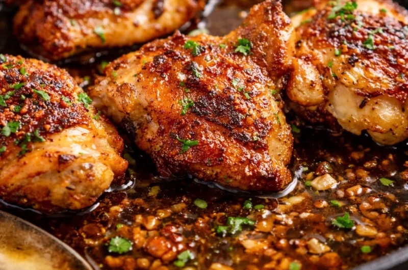 Crispy Baked Chicken Thighs With Garlic Butter Sauce on a serving plate