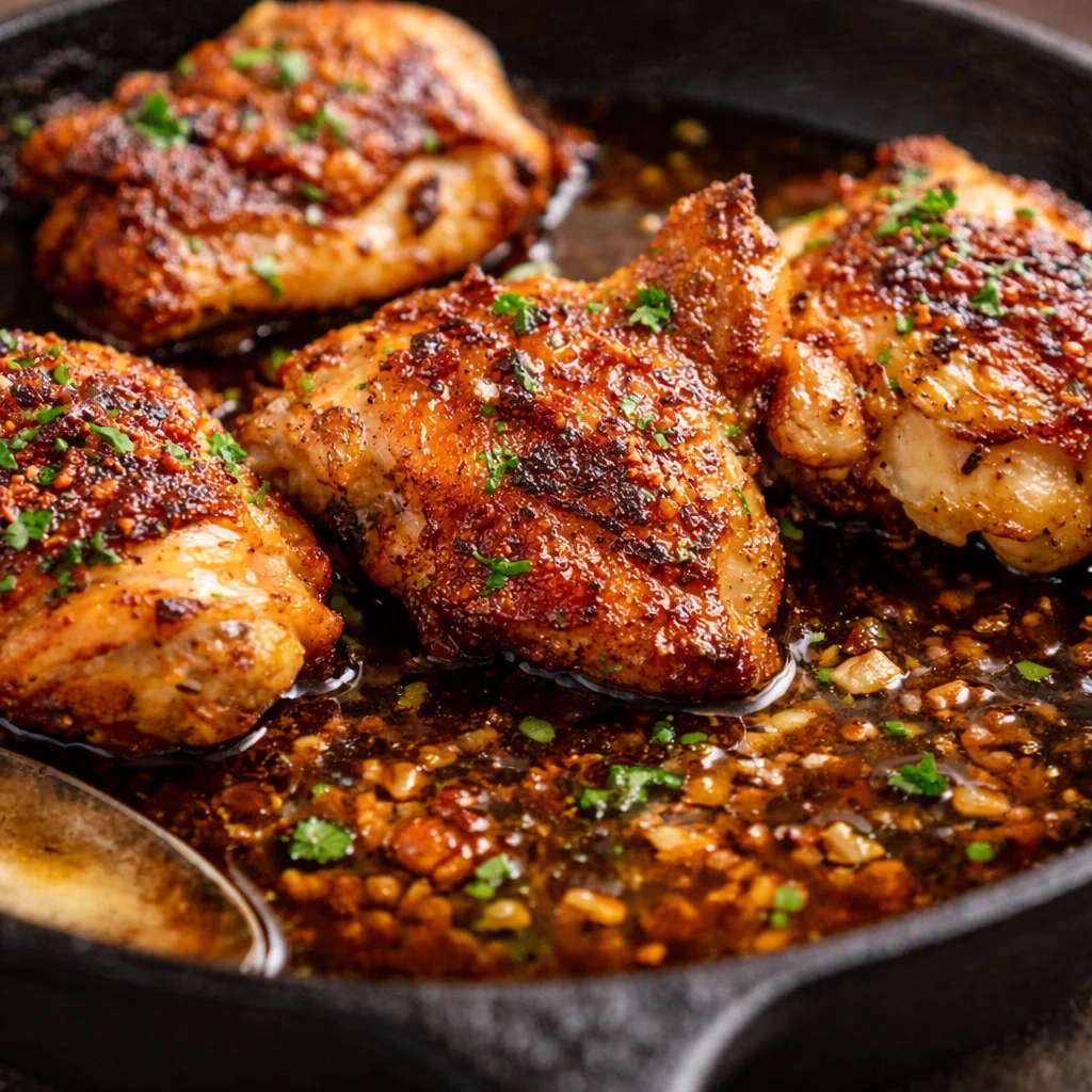 Crispy Baked Chicken Thighs With Garlic Butter Sauce on a serving plate