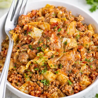 Delicious Best Unstuffed Cabbage Roll Recipe with ground beef, cabbage, and tomato sauce.
