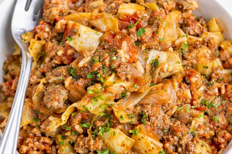 Delicious Best Unstuffed Cabbage Roll Recipe with ground beef, cabbage, and tomato sauce.