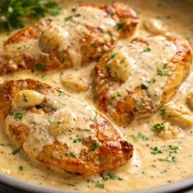 Delicious Creamy Garlic Chicken with juicy chicken breasts and rich garlic sauce.