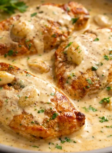 Delicious Creamy Garlic Chicken with juicy chicken breasts and rich garlic sauce.
