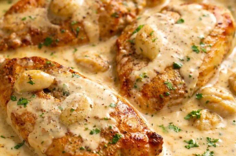 Delicious Creamy Garlic Chicken with juicy chicken breasts and rich garlic sauce.