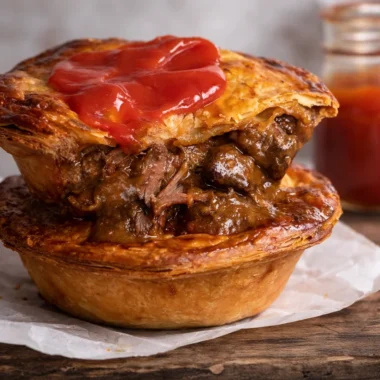 Delicious homemade meat pie with beef and potatoes in flaky pastry crust.