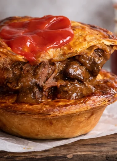 Delicious homemade meat pie with beef and potatoes in flaky pastry crust.