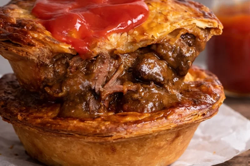 Delicious homemade meat pie with beef and potatoes in flaky pastry crust.